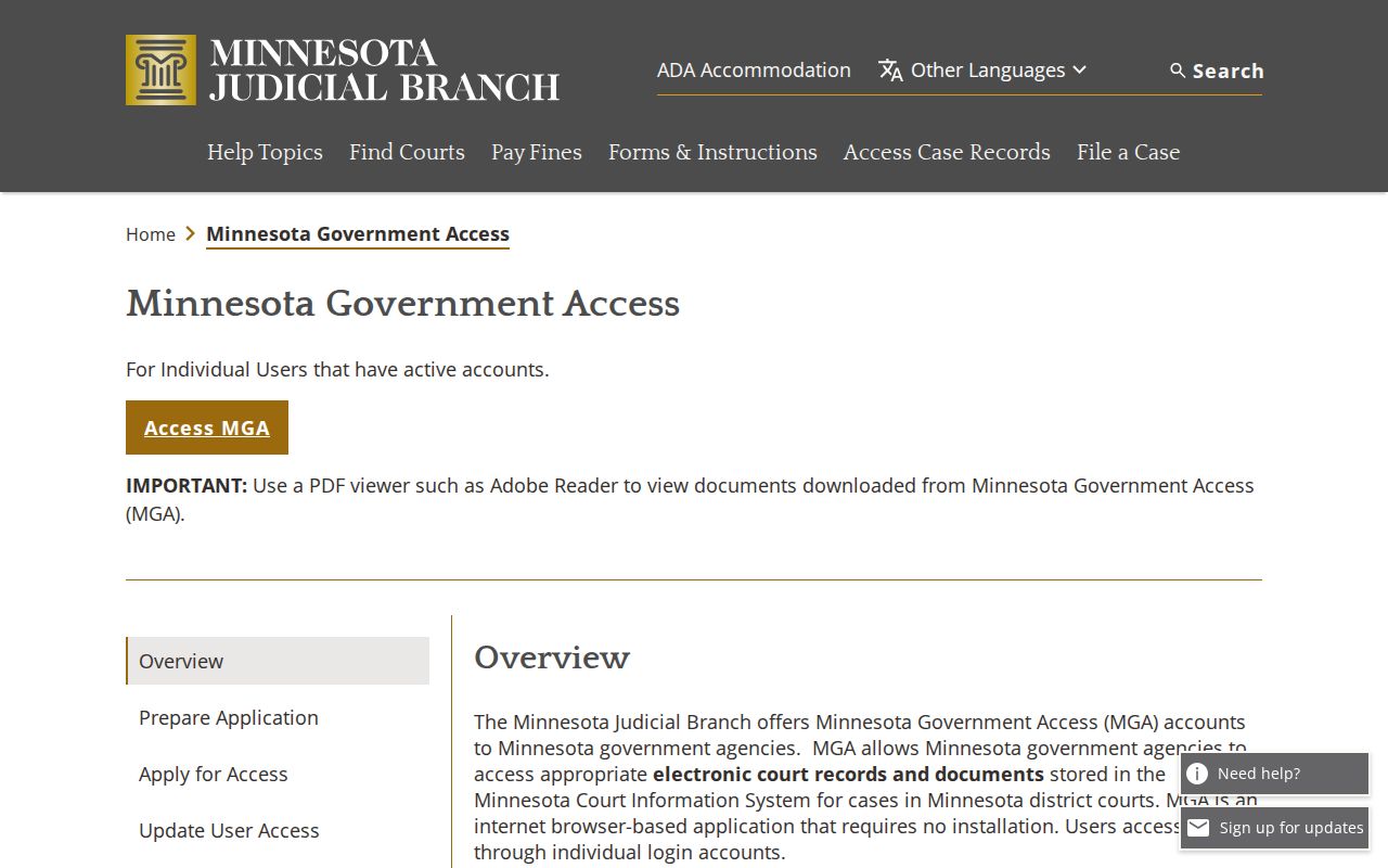 Minnesota Government Access page explaining the limits of a Blue Earth County warrant search