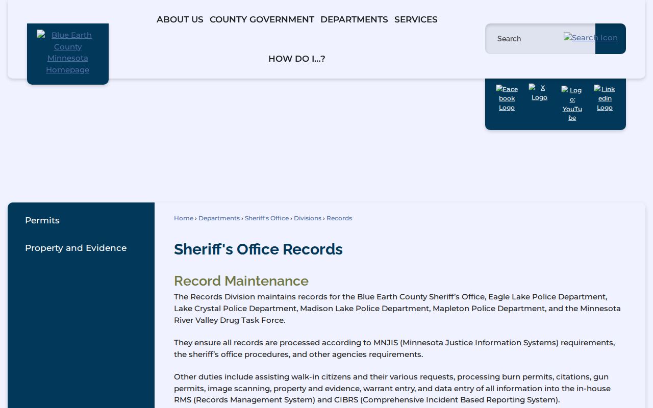 Blue Earth County Sheriff's Office Records Division page that maintains warrant entry data for the active warrant records feed