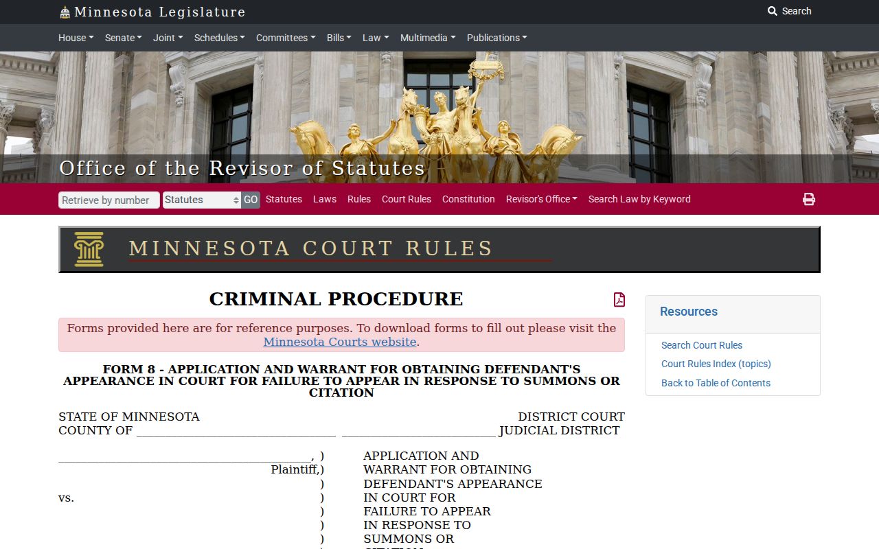 Minnesota Form 8 application and warrant used after a failure to appear in Blue Earth County warrant records