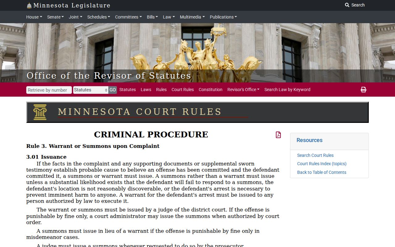 Minnesota criminal rule 3.02 text on bench warrant contents used in Blue Earth County