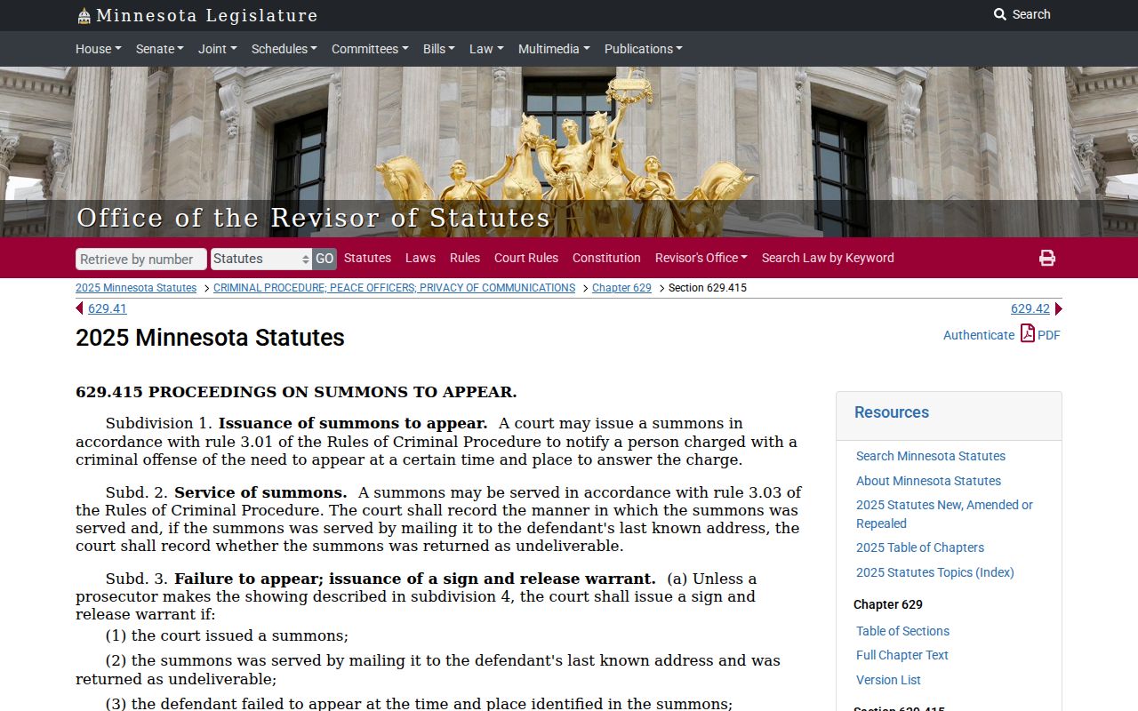 Minnesota sign and release statute governing some Blue Earth County traffic warrant failure to appear cases