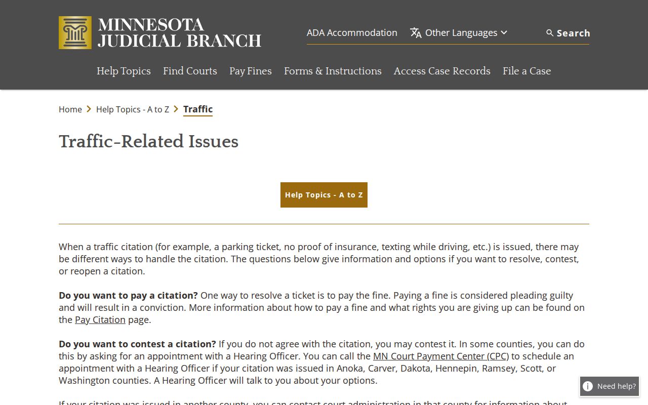 Minnesota court traffic citation help page explaining how a Blue Earth County traffic warrant arises