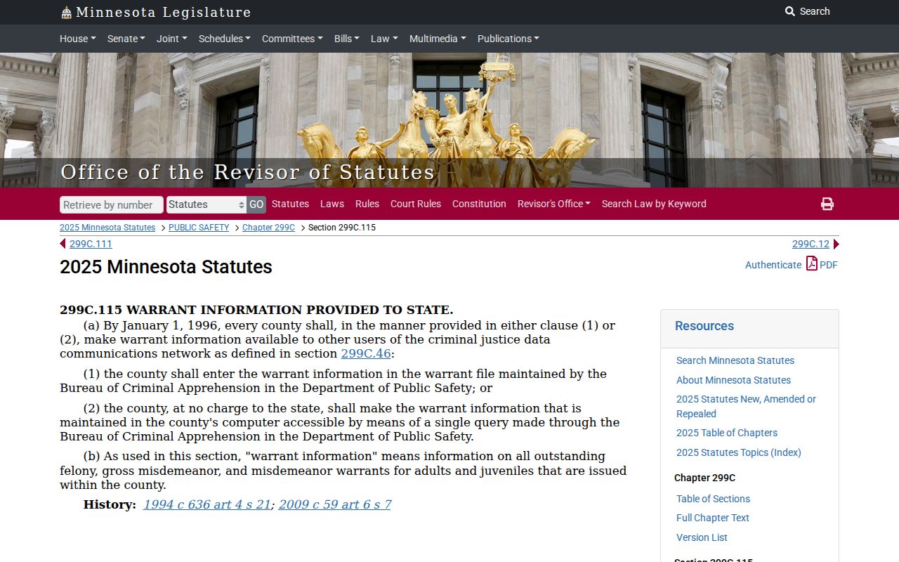 Minnesota statute requiring county warrant data sharing on the state network that holds Blue Earth County arrest warrant records