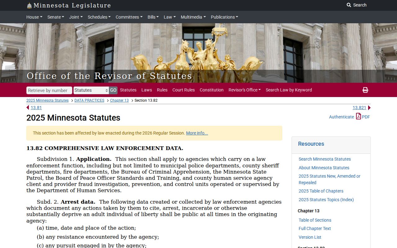 Minnesota statute on public and confidential arrest warrant index data for Blue Earth County arrest warrant records
