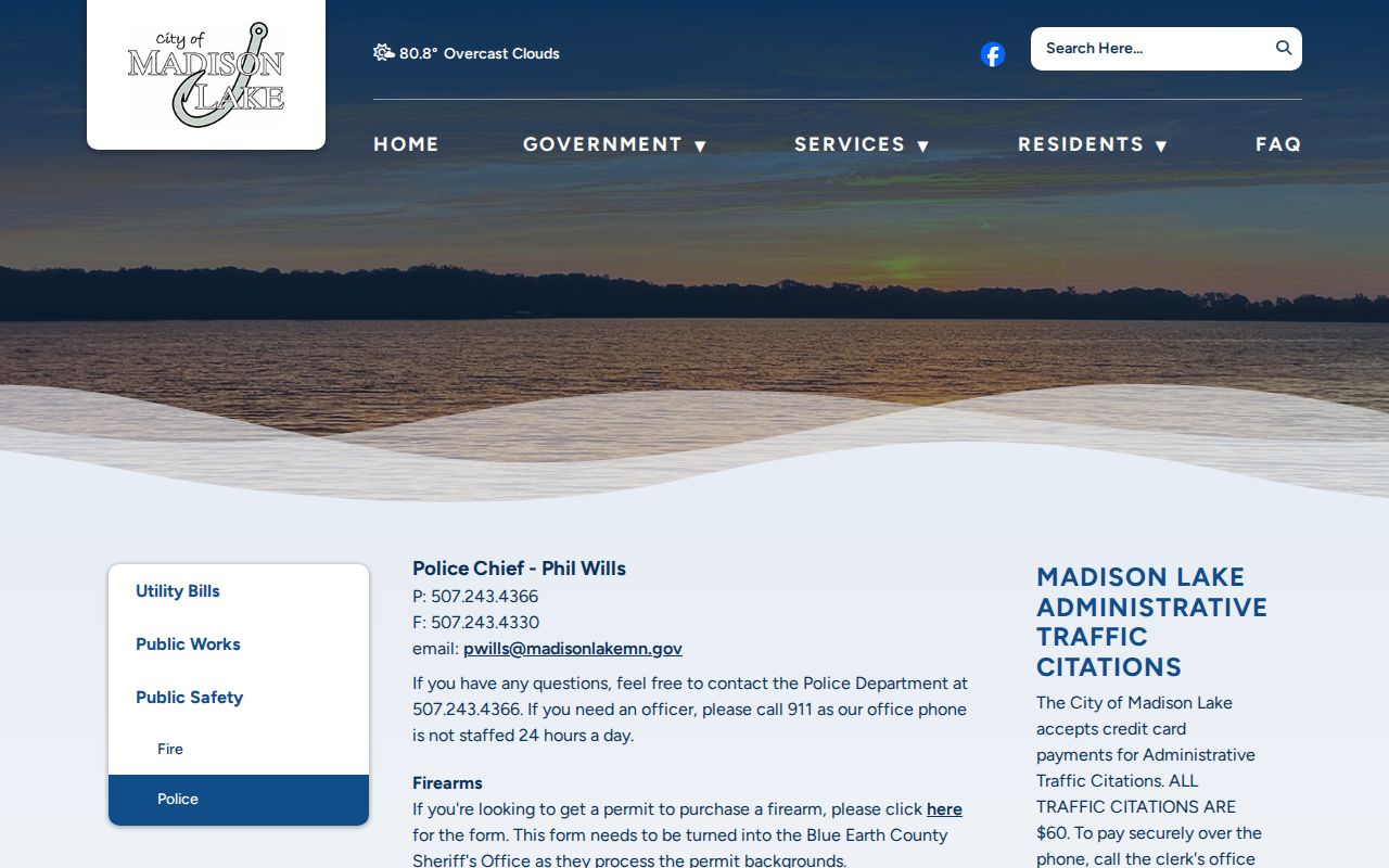 Madison Lake police contact page used for Madison Lake warrant records questions