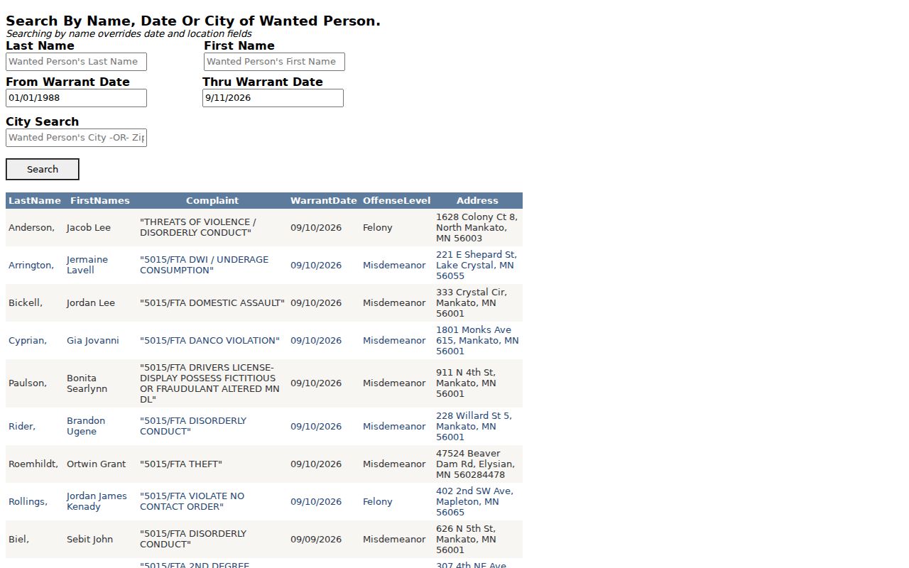 Blue Earth County active warrant records search form with name, date, and city fields