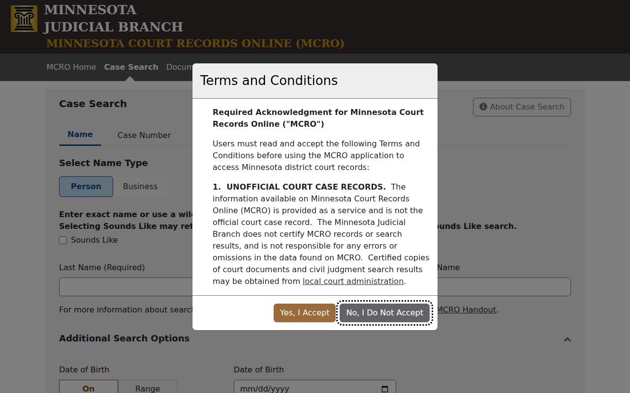 Minnesota Court Records Online case search form used to check Blue Earth County warrant records